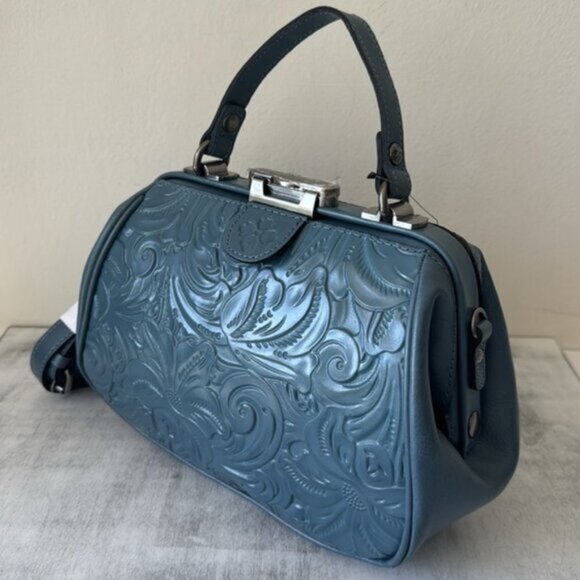 Patricia Nash Gracchi Frame Leather Handbag Crossbody BRNTL Tooled Mirage Blue - Picture 1 of 10